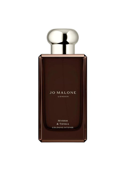 Jo Malone Myrrh & Tonka bottle front view, premium fragrance packaging for a refined evening mood.