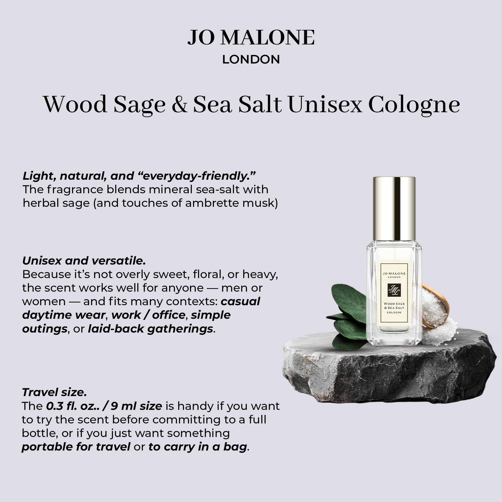 Jo Malone Wood Sage & Sea Salt bottle close-up highlighting a fresh, unisex scent