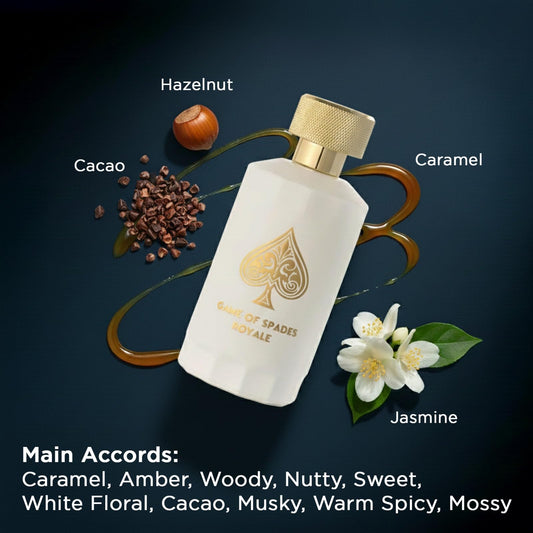 Jo Milano Game of Spades Royale heart blends jasmine Sambac and cedar for refined elegance.