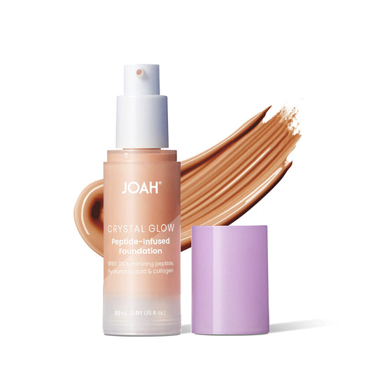JOAH Crystal Glow foundation bottle close-up showing natural dewy radiance