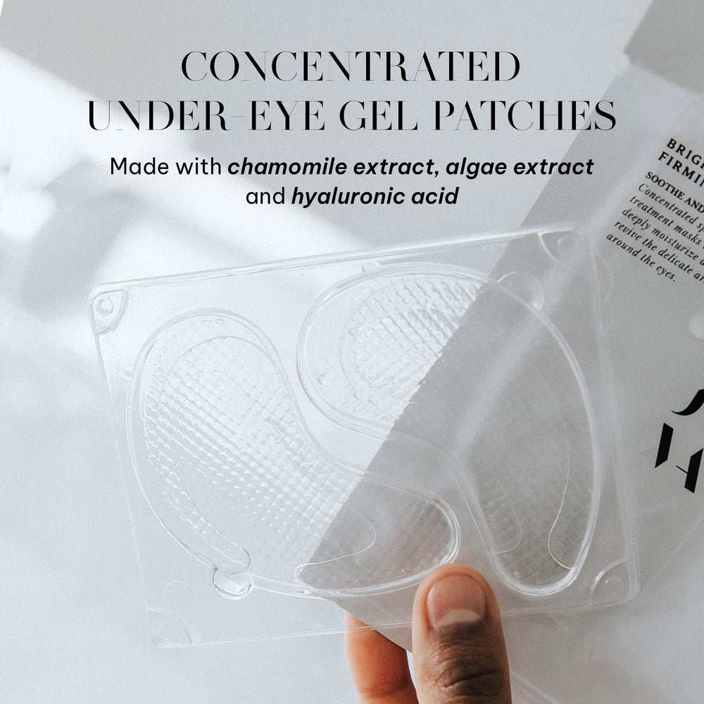Joanna Vargas Bright Eye Firming Mask under-eye patches applied for hydration.