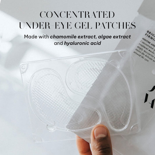 Joanna Vargas Bright Eye Firming Mask under-eye patches applied for hydration.