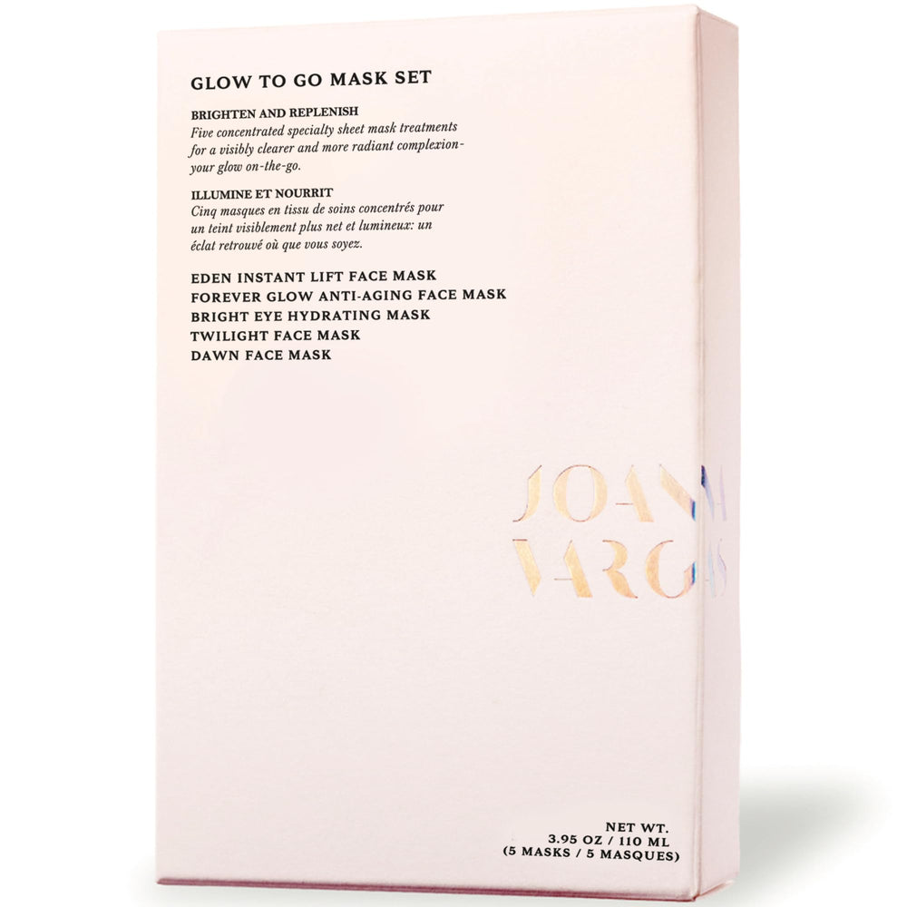 Joanna Vargas Glow To Go packaging shows travel-friendly mask set for on-the-go hydration