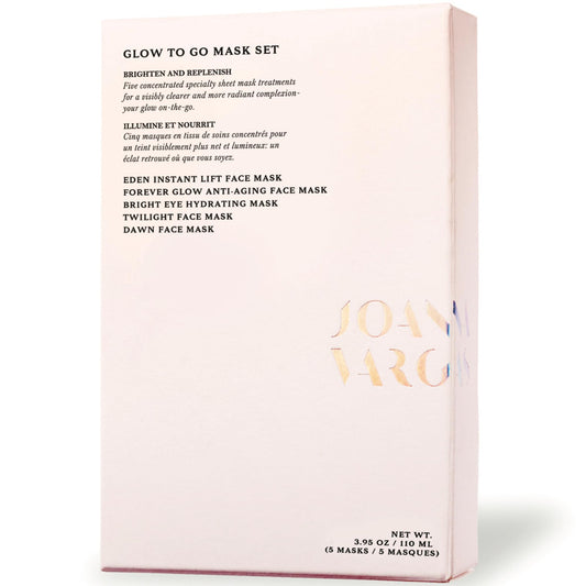 Joanna Vargas Glow To Go packaging shows travel-friendly mask set for on-the-go hydration