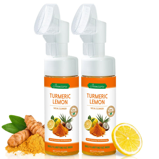 Joanssore turmeric lemon face wash with brush for an efficient cleansing routine.