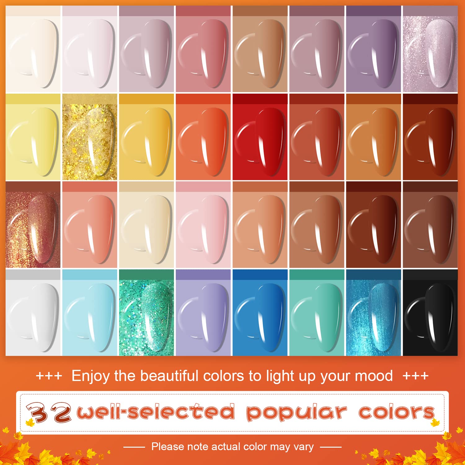 JODSONE 32-color gel bottles showing fall and gray-pink tones for chic looks