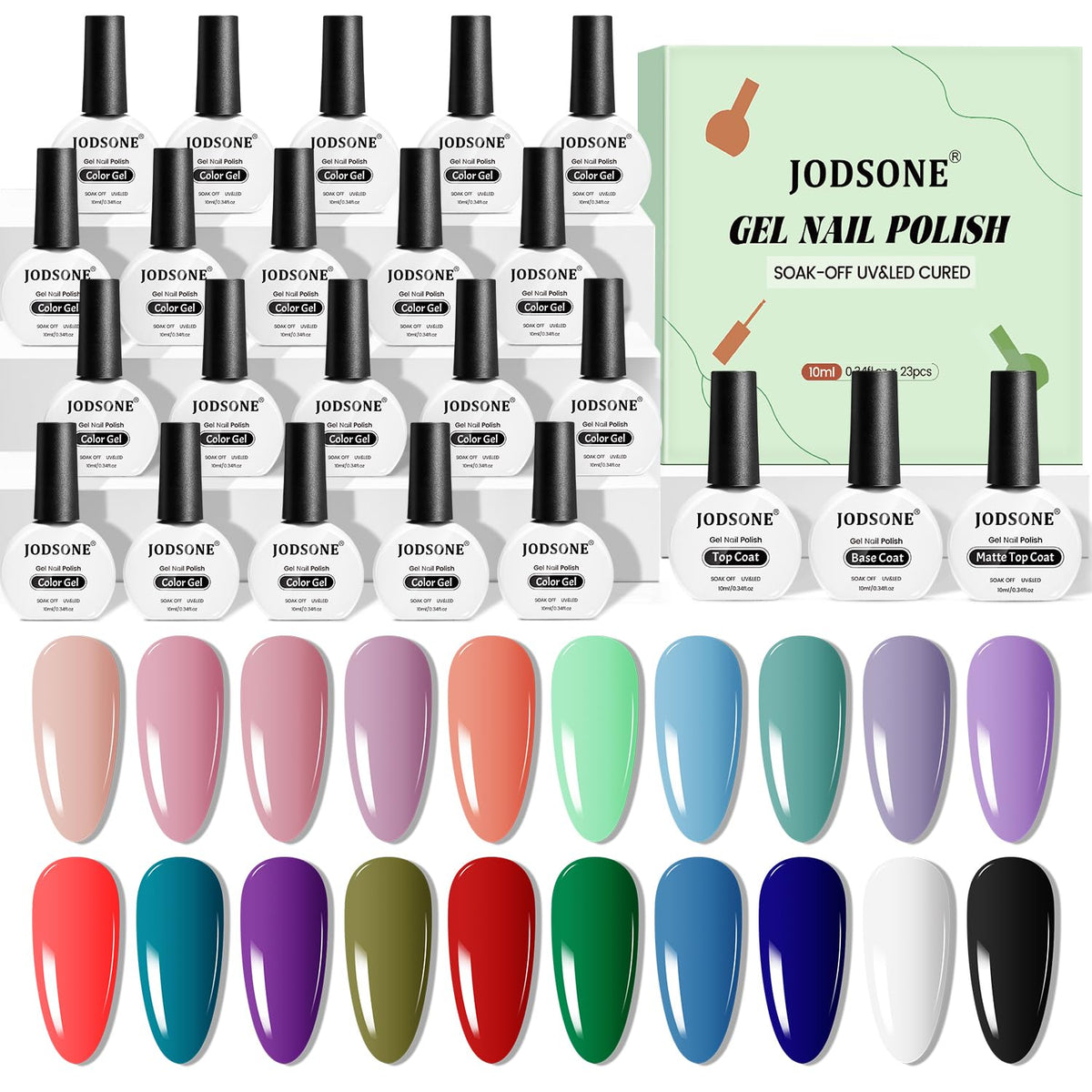JODSONE gel nail polish 20-color palette swatches for DIY at-home manicure.