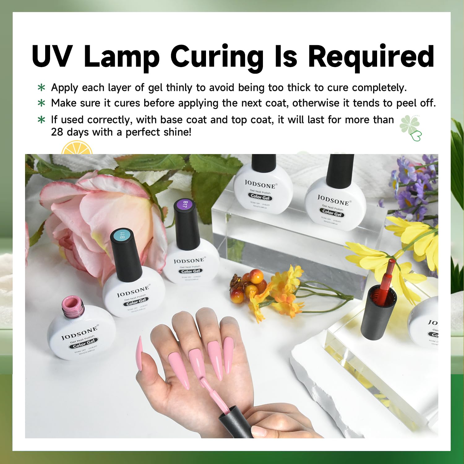 JODSONE professional manicure setup with base and top coats ready.