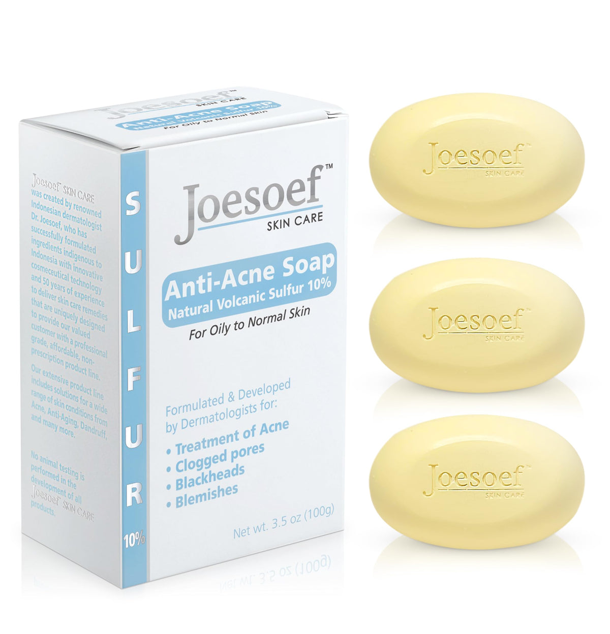 JOESOEF SKIN CARE anti-acne soap bar with volcanic sulfur 10% for acne-prone skin.