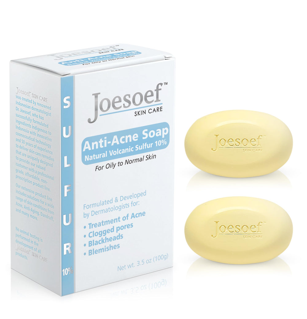 JOESOEF SKIN CARE sulfur soap bottle close-up shows medicated formula for acne-prone skin