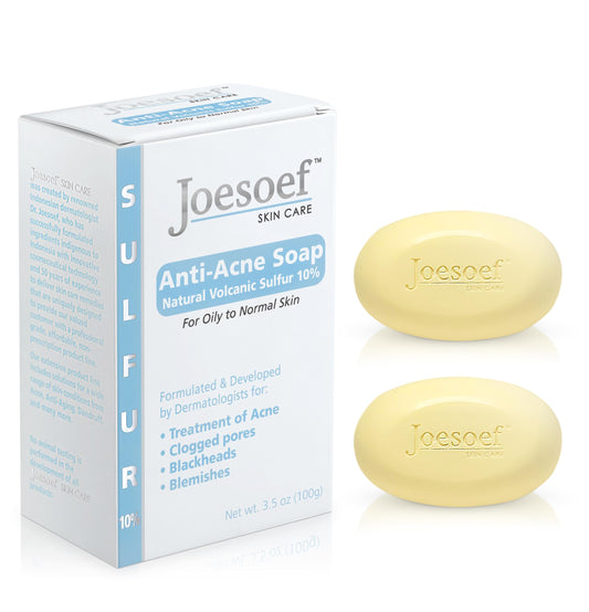 JOESOEF SKIN CARE sulfur soap bottle close-up shows medicated formula for acne-prone skin
