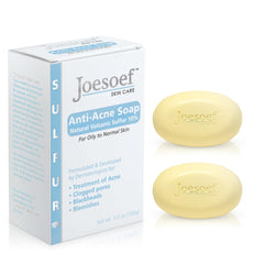 JOESOEF SKIN CARE sulfur soap bottle close-up shows medicated formula for acne-prone skin