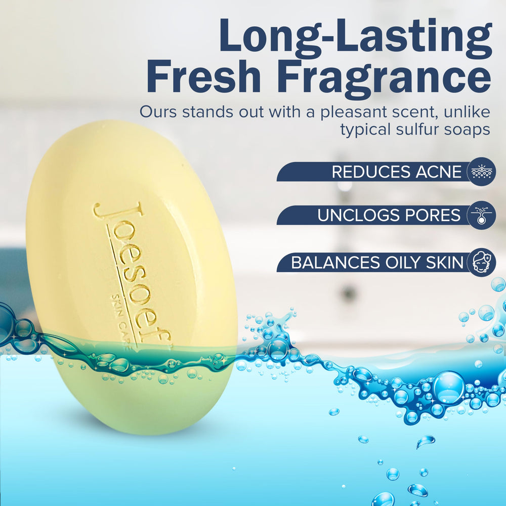 Bubbles from JOESOEF sulfur soap emphasizing spa-like cleansing and antiseptic properties