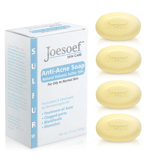 JOESOEF SKIN CARE sulfur soap packaging shows a 4-pack bundle for acne-prone skin