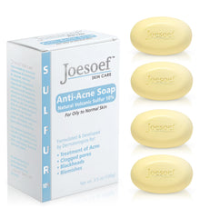 JOESOEF SKIN CARE sulfur soap packaging shows a 4-pack bundle for acne-prone skin