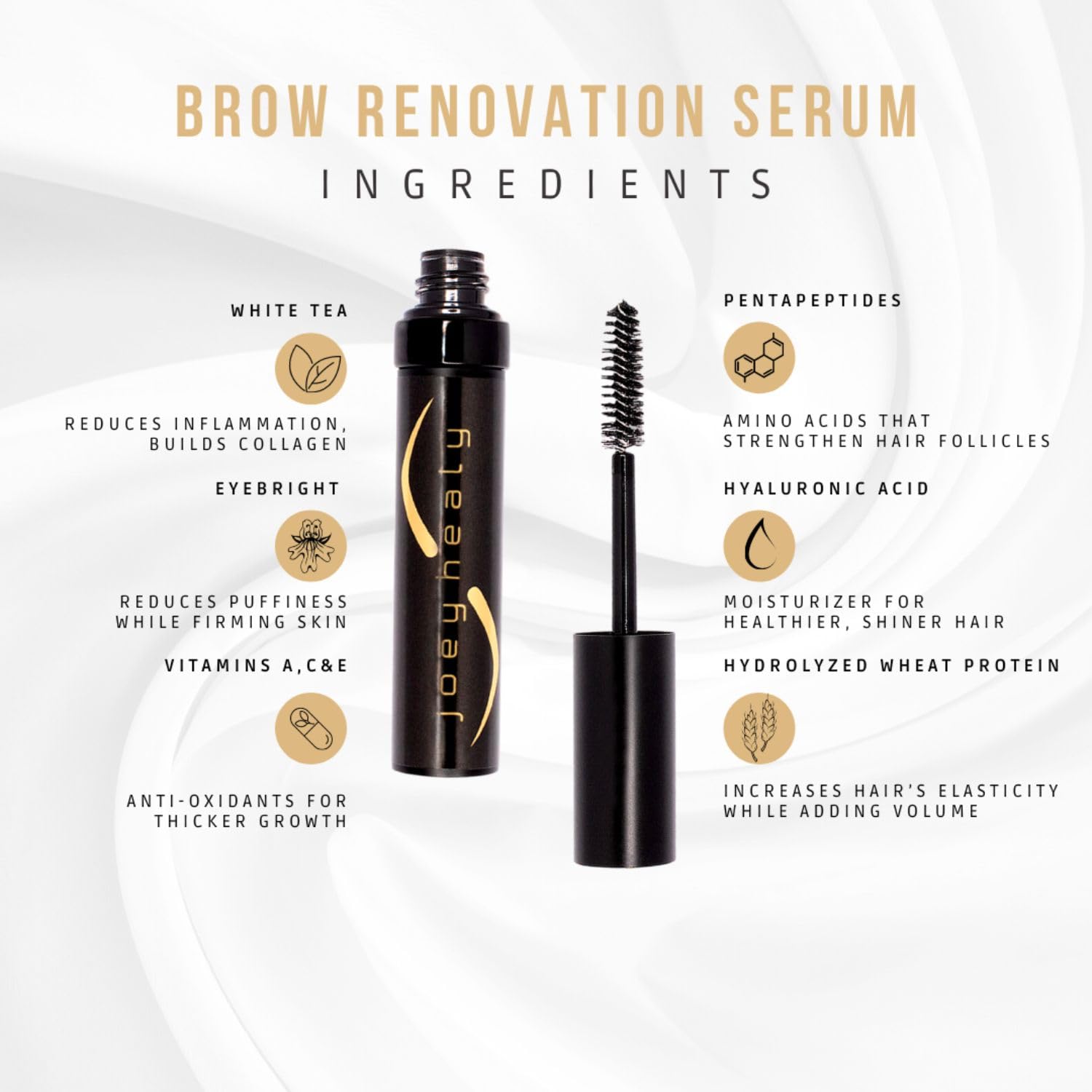 Joey Healy Brow Renovation Serum applicator brush enables precise morning detailing for brow fullness.