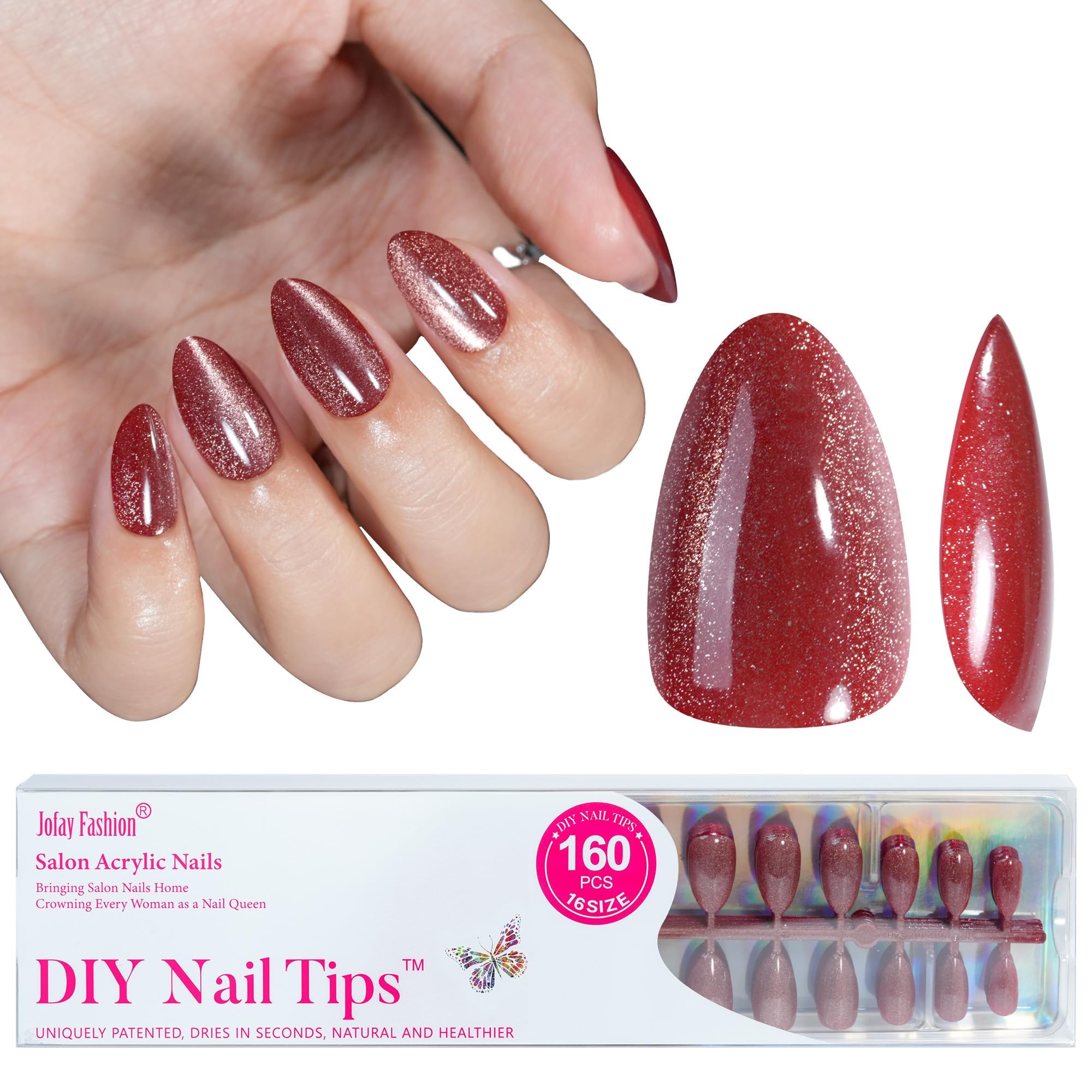 Jofay Fashion Almond Press On Nails Cat Eye closeup showing seamless cuticle fit and salon-like finish