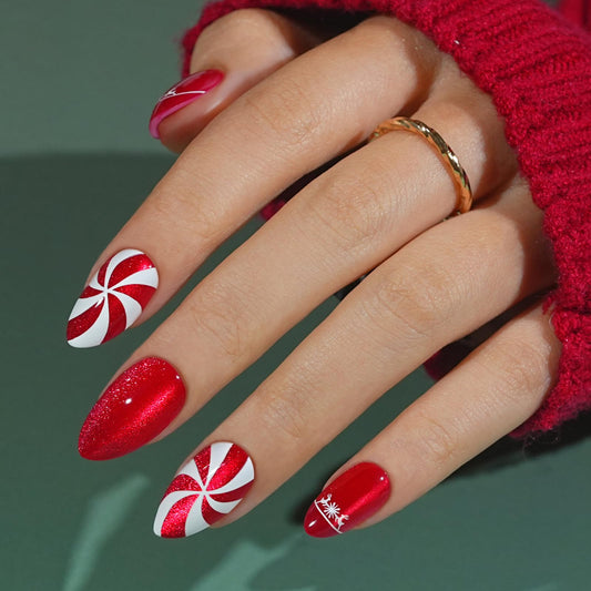 Jofay Fashion Christmas press-on nails almond red cat eye for salon-like nails at home.