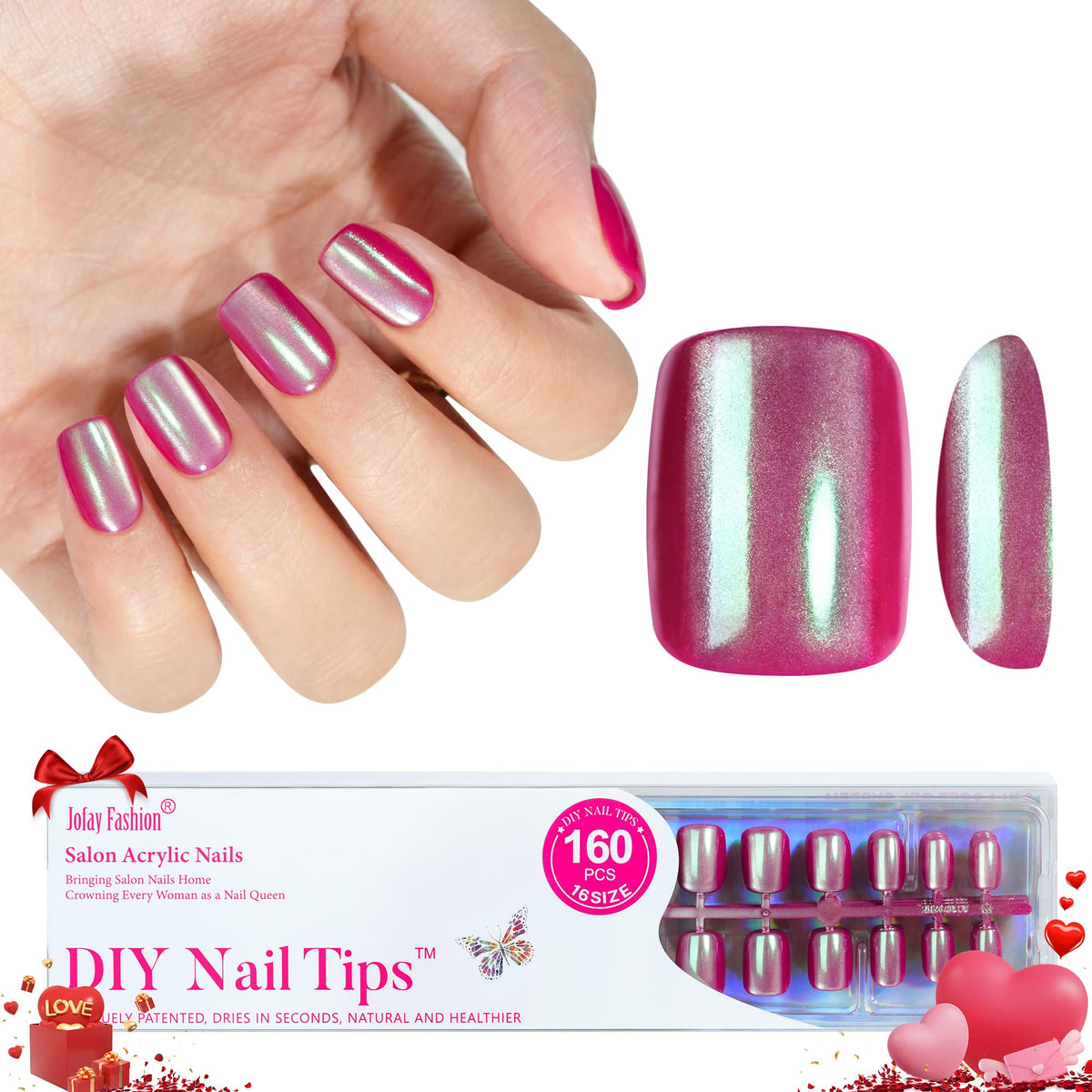 Jofay Fashion pink chrome press on nails in short square shape for quick salon-style nails at home.