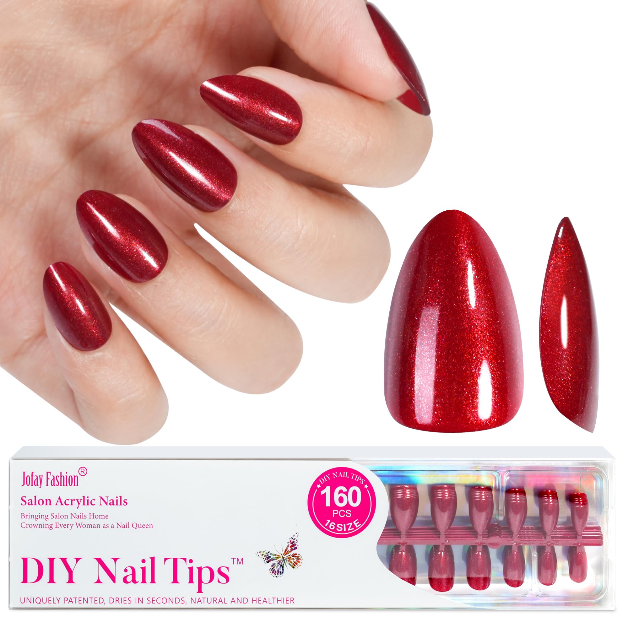Jofay Fashion red almond glitter press-on nails for quick winter looks