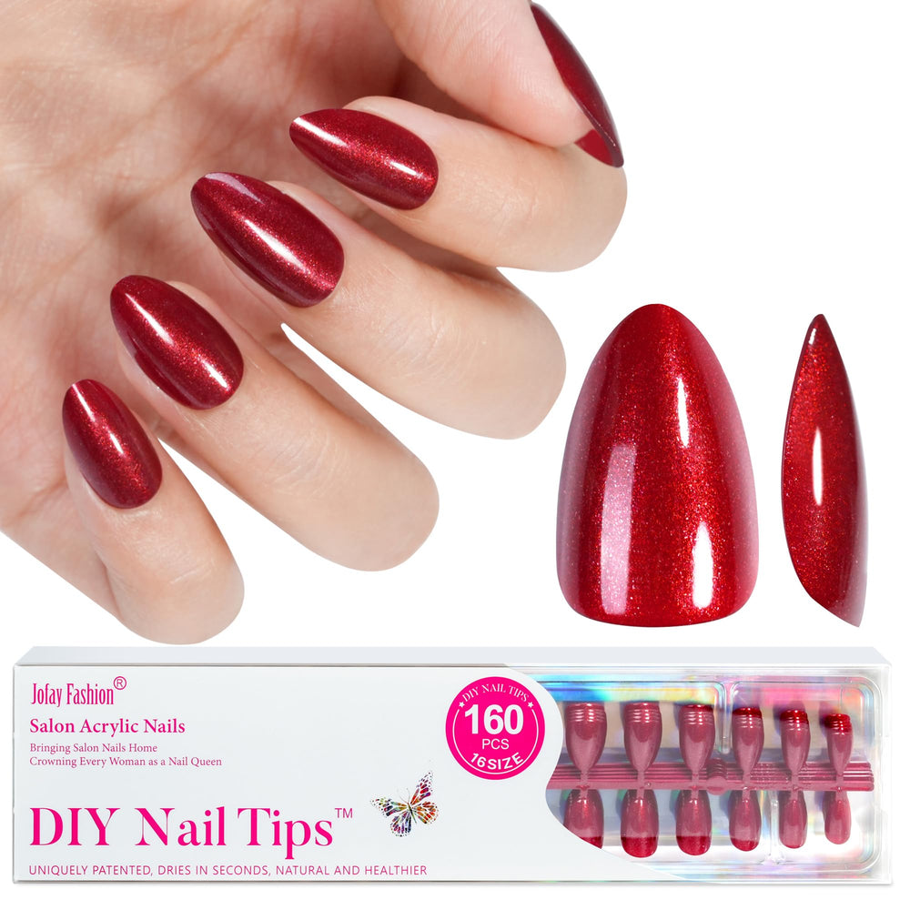 Jofay Fashion red almond glitter press-on nails for quick winter looks
