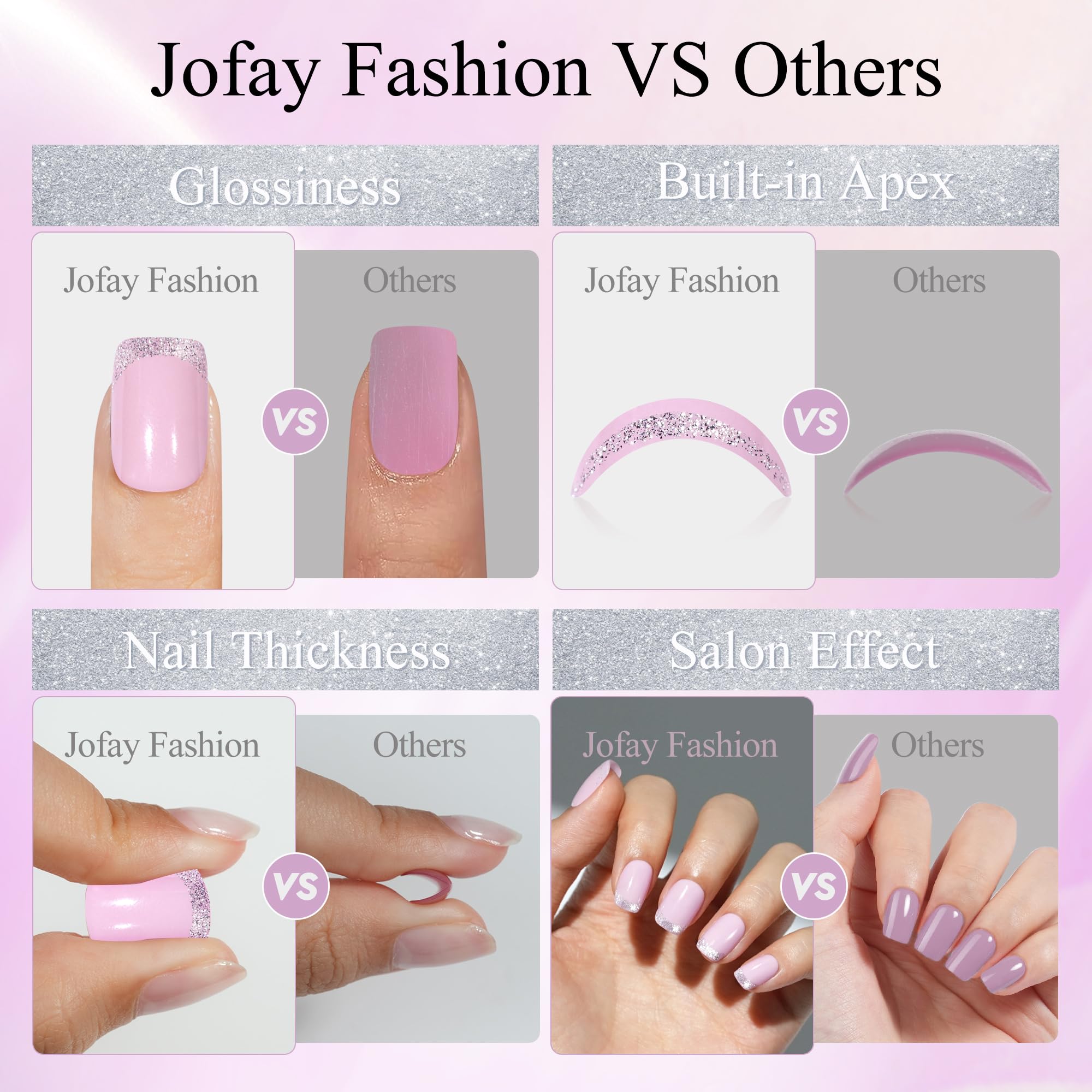 Square glue-on nails in 16 sizes fit securely for a natural look.