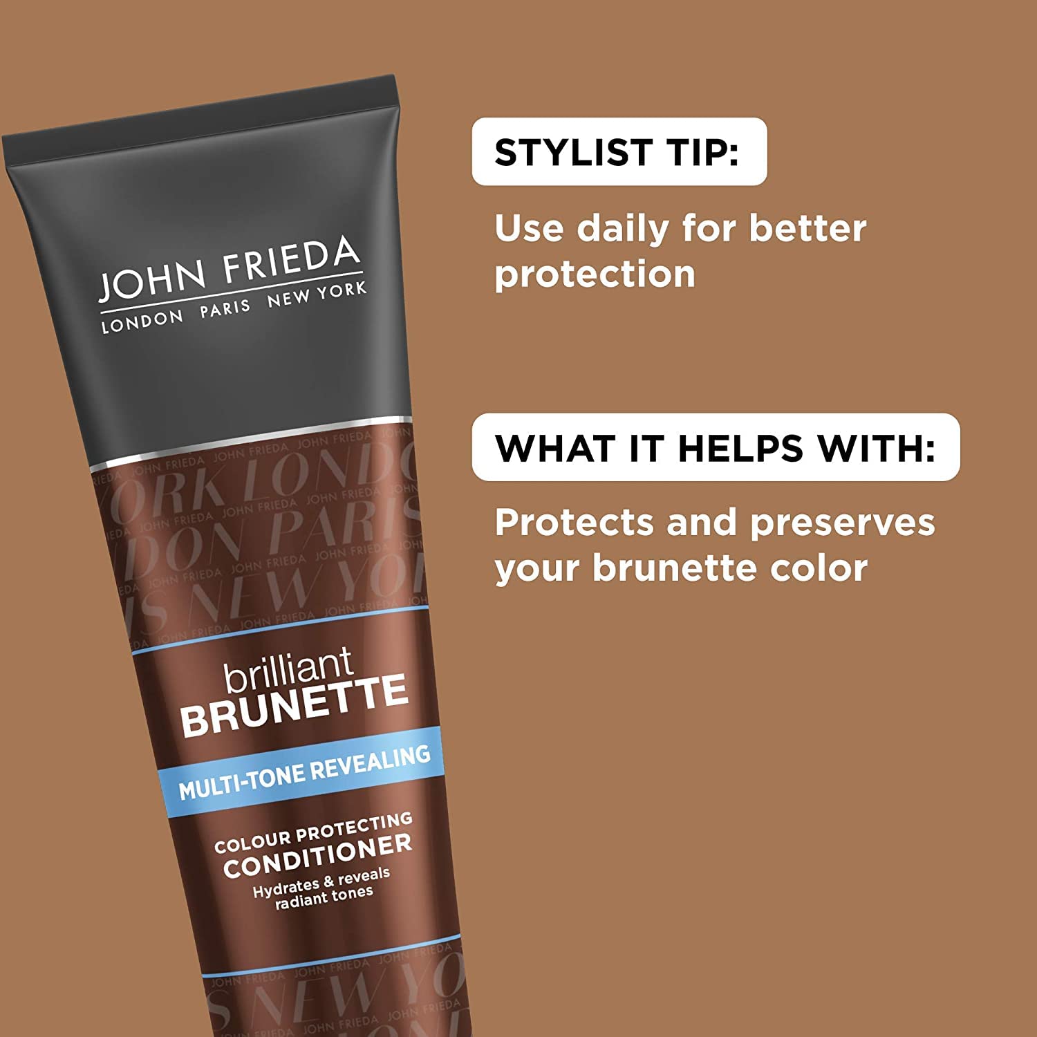 Brunette conditioner on a bathroom shelf ready for daily routine and hydration.