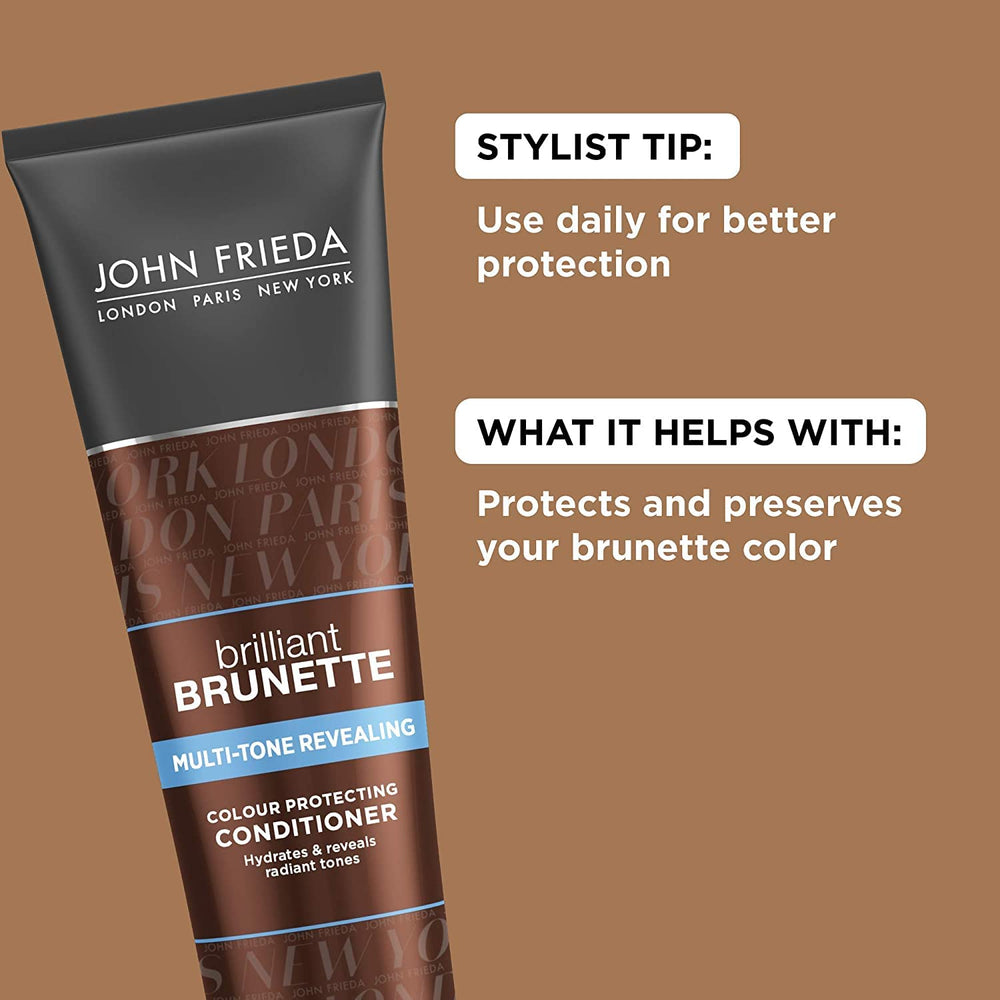 Brunette conditioner on a bathroom shelf ready for daily routine and hydration.