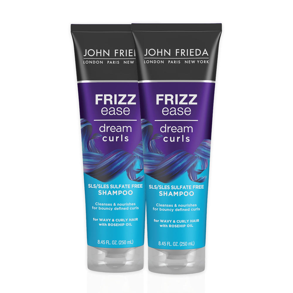 John Frieda Dream Curls Shampoo bottle highlights frizz control for defined curls.