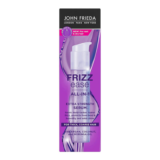 John Frieda Frizz-Ease bottle close-up highlights shine and humidity resistance