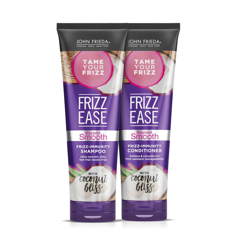 John Frieda Frizz Ease Beyond Smooth Shampoo bottle highlighting frizz protection and smoothness