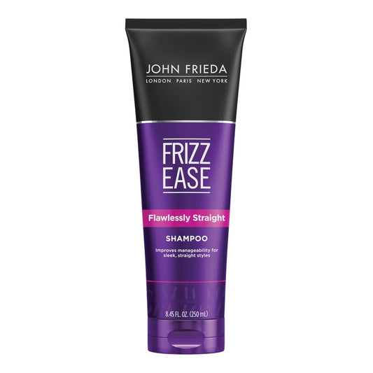 John Frieda Frizz Ease Flawlessly Straight shampoo bottle promotes smooth, frizz-free styling.