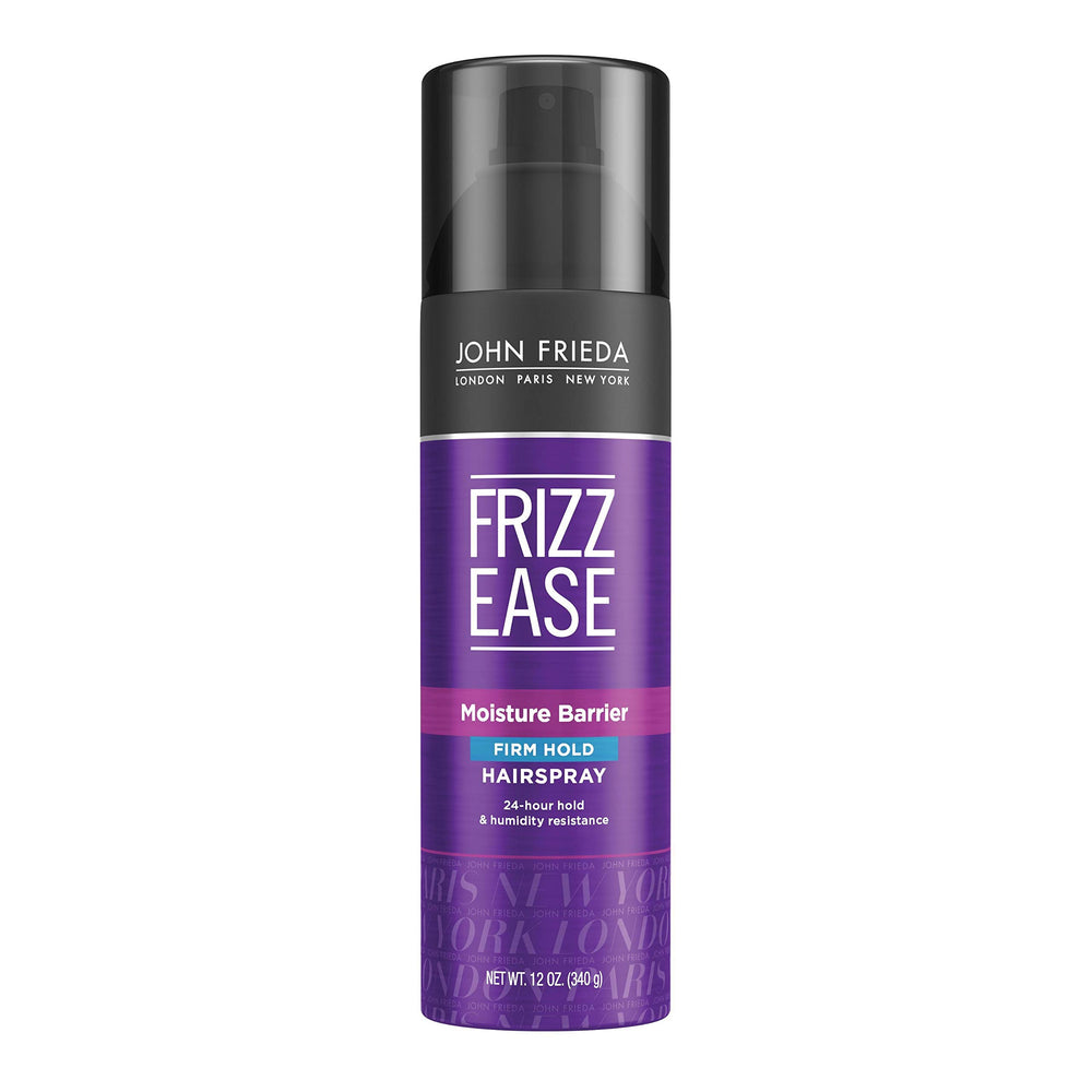 John Frieda Frizz-Ease Moisture Barrier Firmhold Hairspray bottle with humidity protection and lasting shine