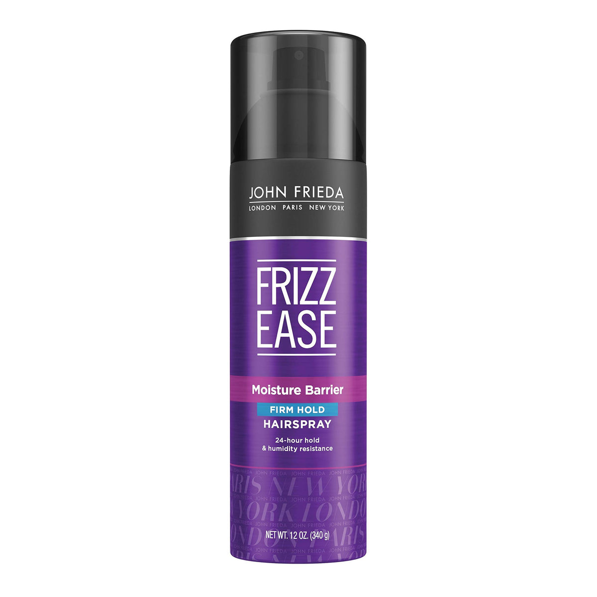 John Frieda Frizz-Ease Moisture Barrier Firmhold Hairspray bottle with humidity protection and lasting shine