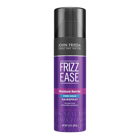 John Frieda Frizz-Ease Moisture Barrier Firmhold Hairspray bottle with humidity protection and lasting shine