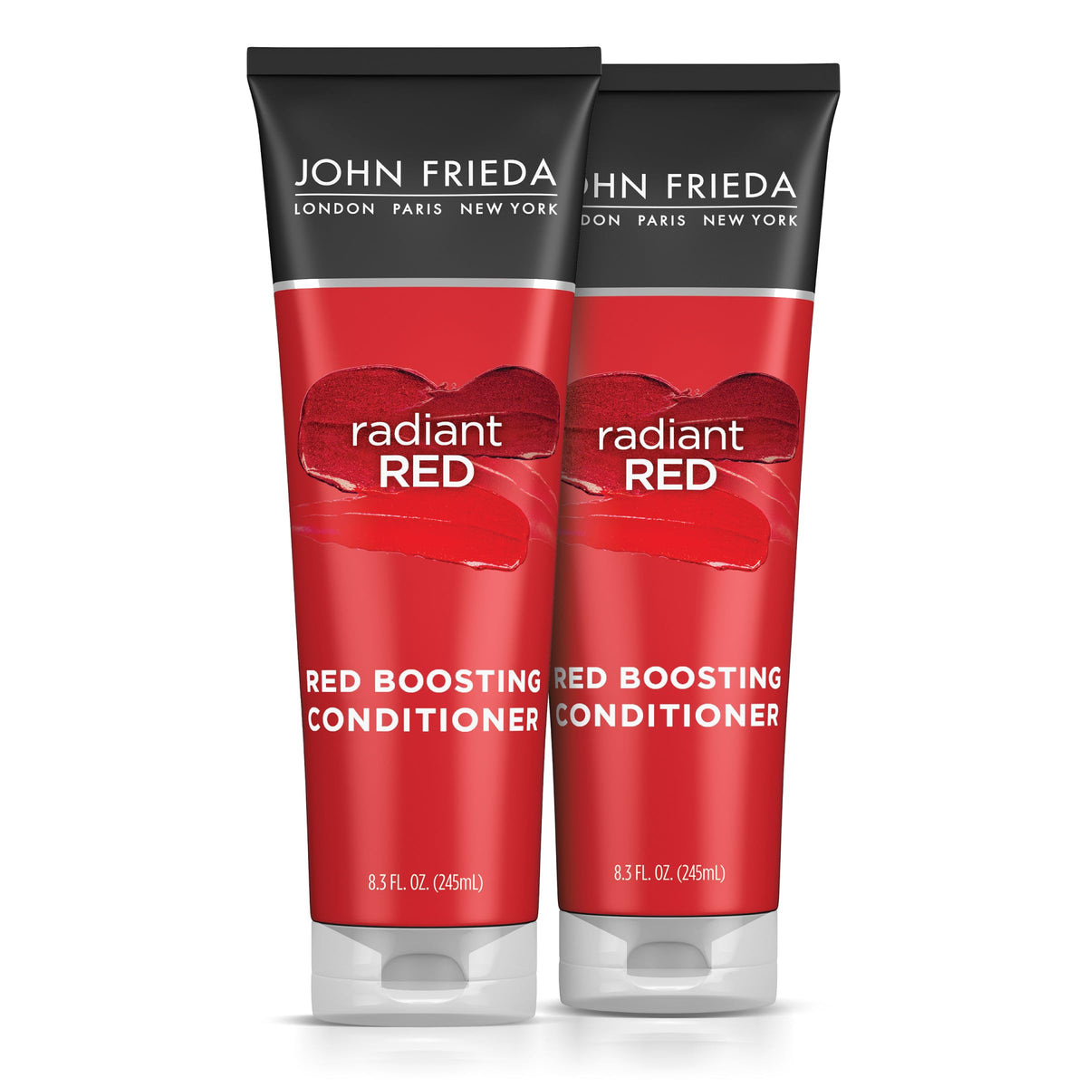 John Frieda Radiant Red conditioner bottle shown for color protection and hydration.