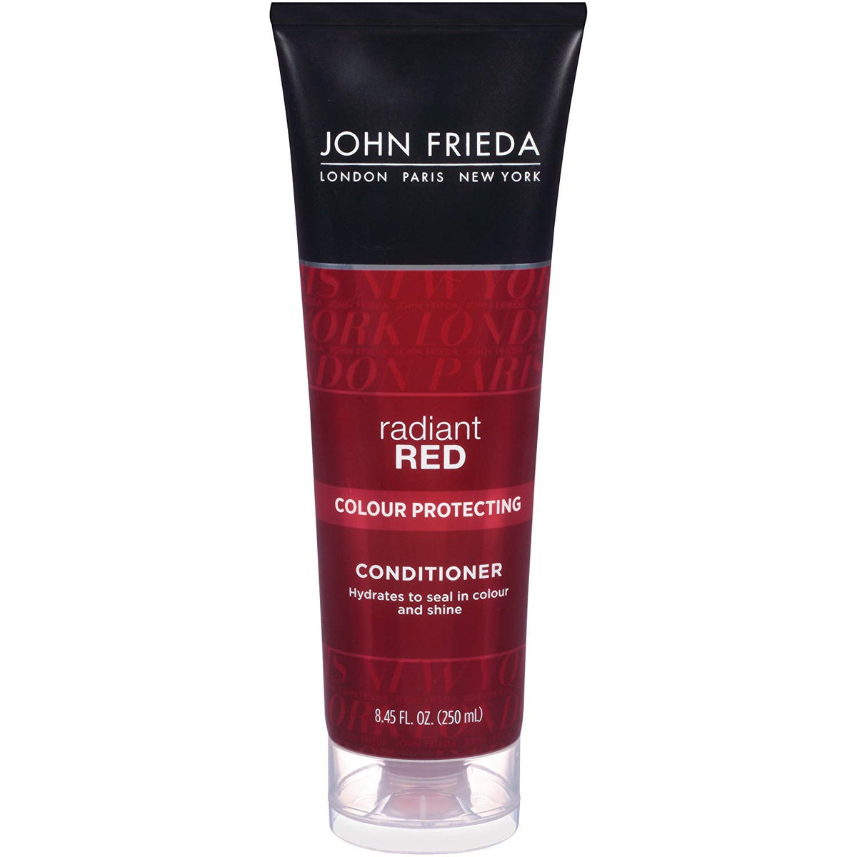 John Frieda Radiant Red conditioner bottle enhances vibrant red color and shine.