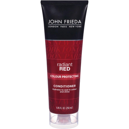 John Frieda Radiant Red conditioner bottle enhances vibrant red color and shine.