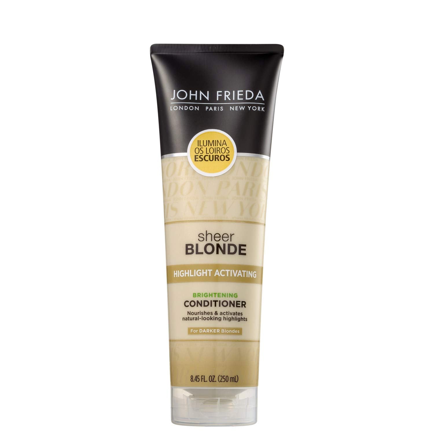 John Frieda Sheer Blonde Brightening Conditioner bottle helps brighten blonde highlights.