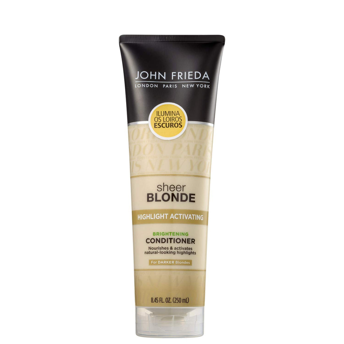 John Frieda Sheer Blonde Brightening Conditioner bottle helps brighten blonde highlights.