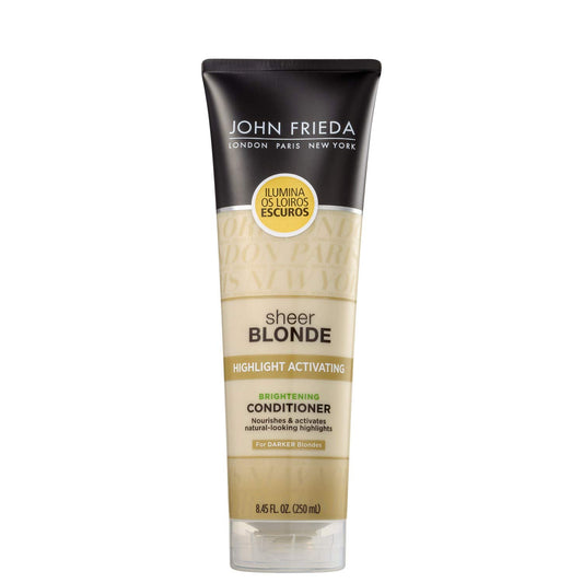 John Frieda Sheer Blonde Brightening Conditioner bottle helps brighten blonde highlights.