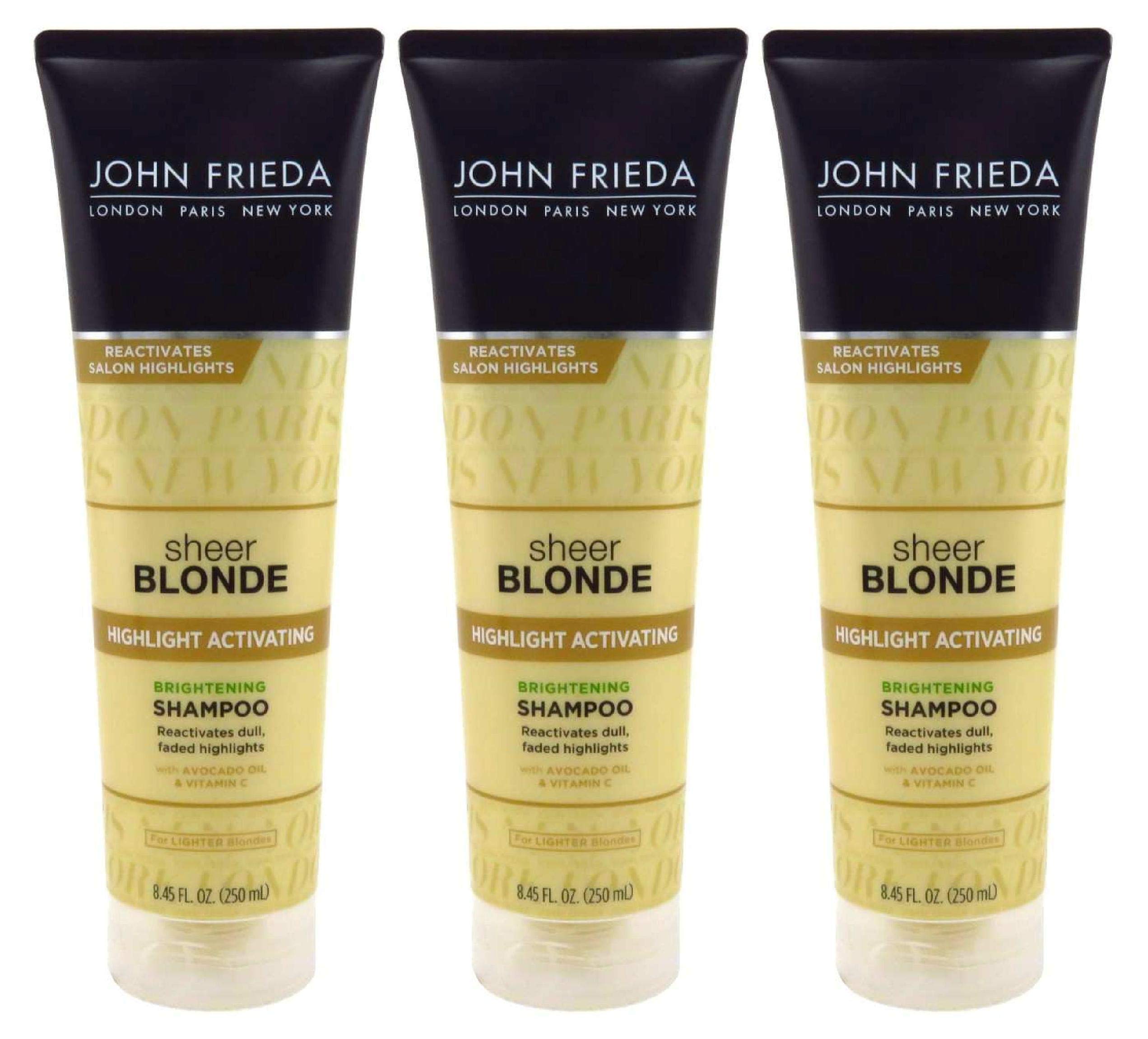 John Frieda Sheer Blonde Shampoo bottle highlighting radiant lighter blonde tones.