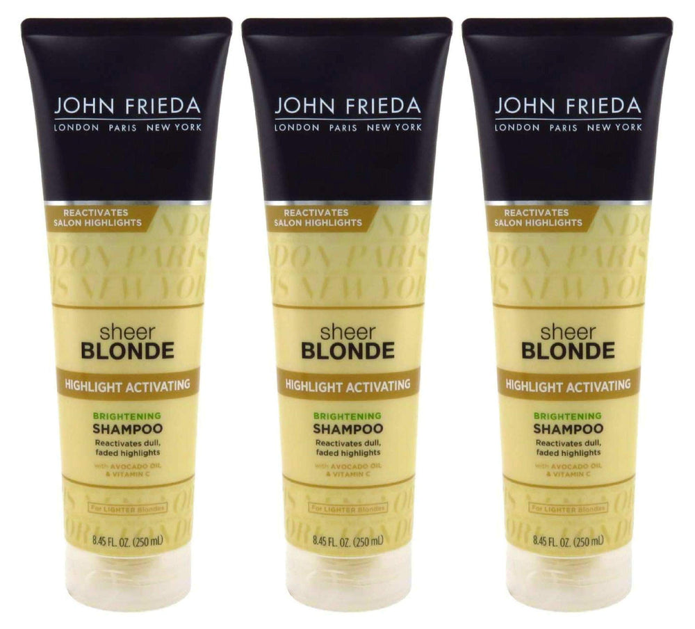 John Frieda Sheer Blonde bottle with sunflower and white tea imagery promotes hydrated highlights.