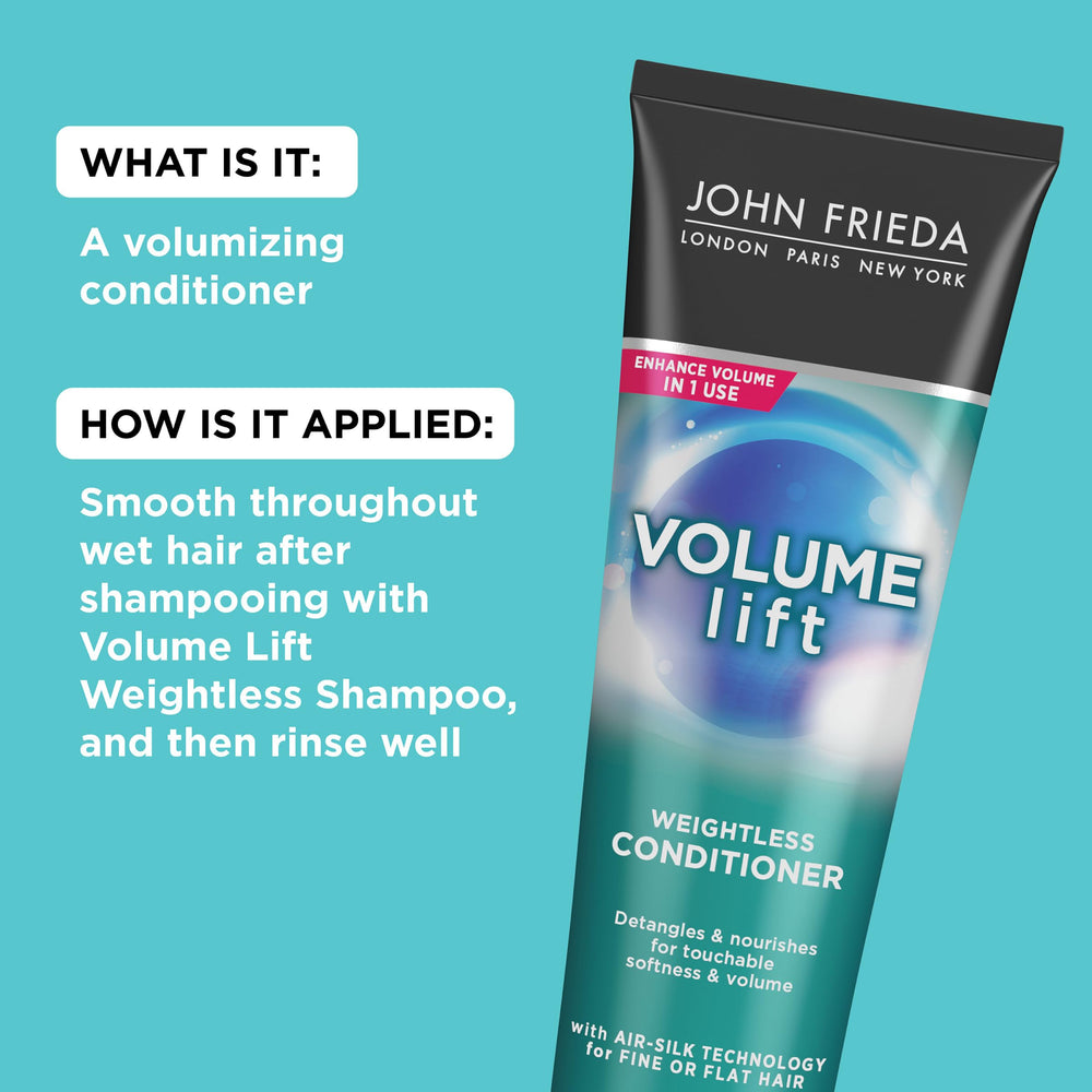 John Frieda Volume Lift conditioner in-shower use nourishes without weighing hair down.
