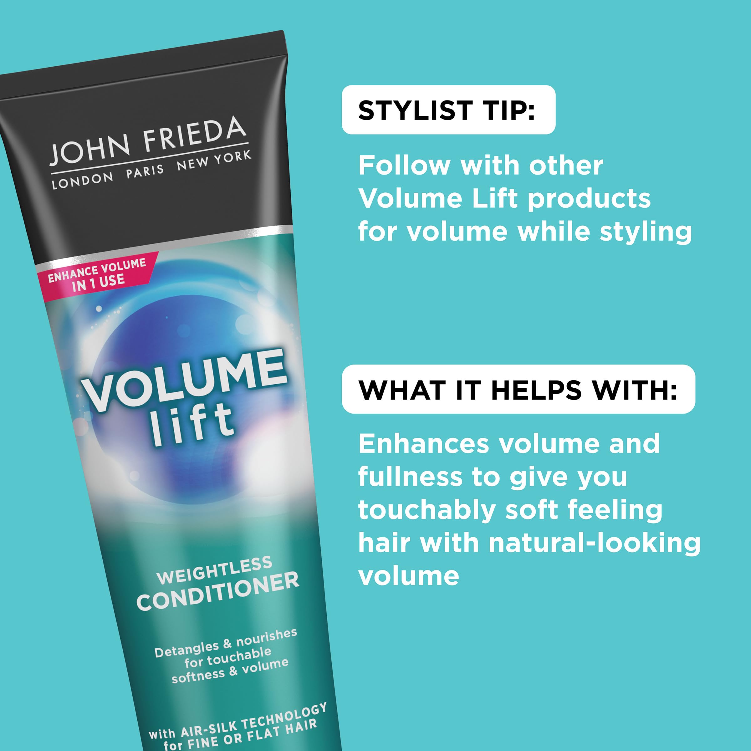John Frieda Volume Lift label closeup confirms Air-Silk technology and weightless conditioning.