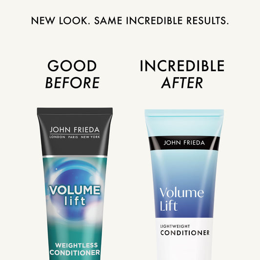 John Frieda Volume Lift packaging highlights color-safe, easy-to-use conditioner for fine hair.