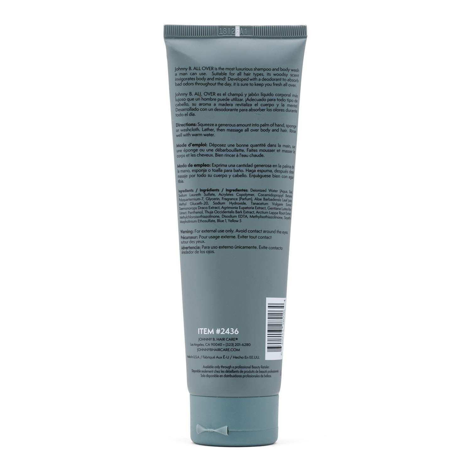 Johnny B All Over Shampoo bottle back reveals size and salon-grade formula.
