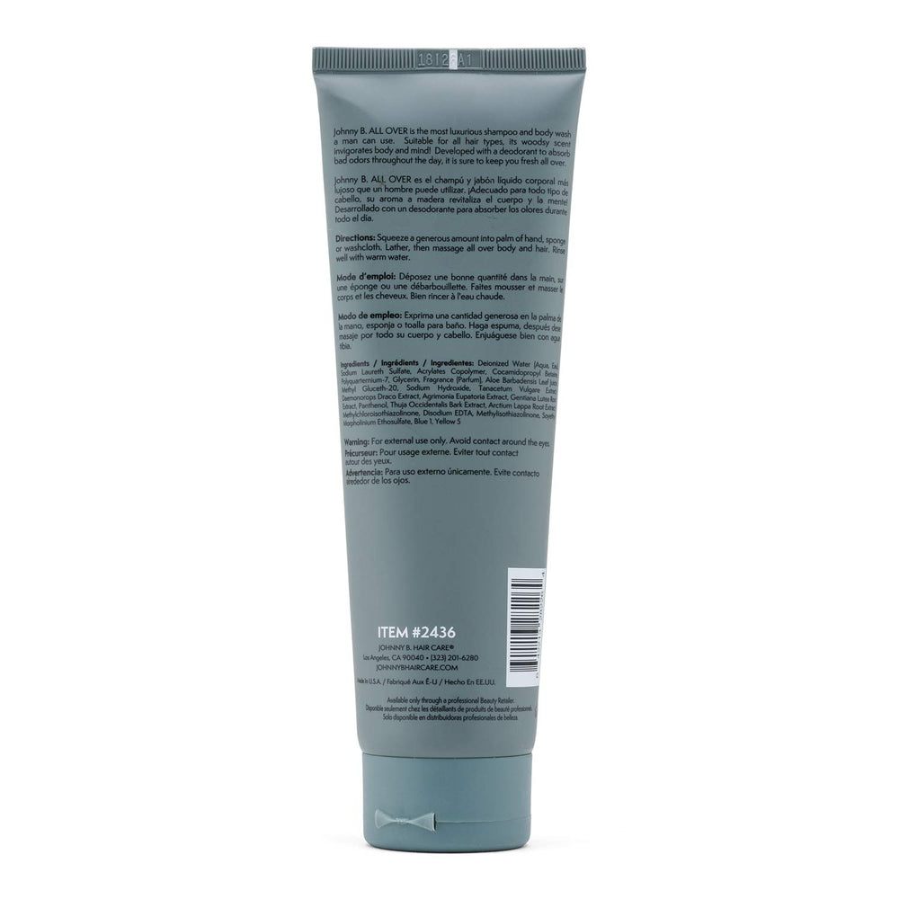 Johnny B All Over Shampoo bottle back reveals size and salon-grade formula.