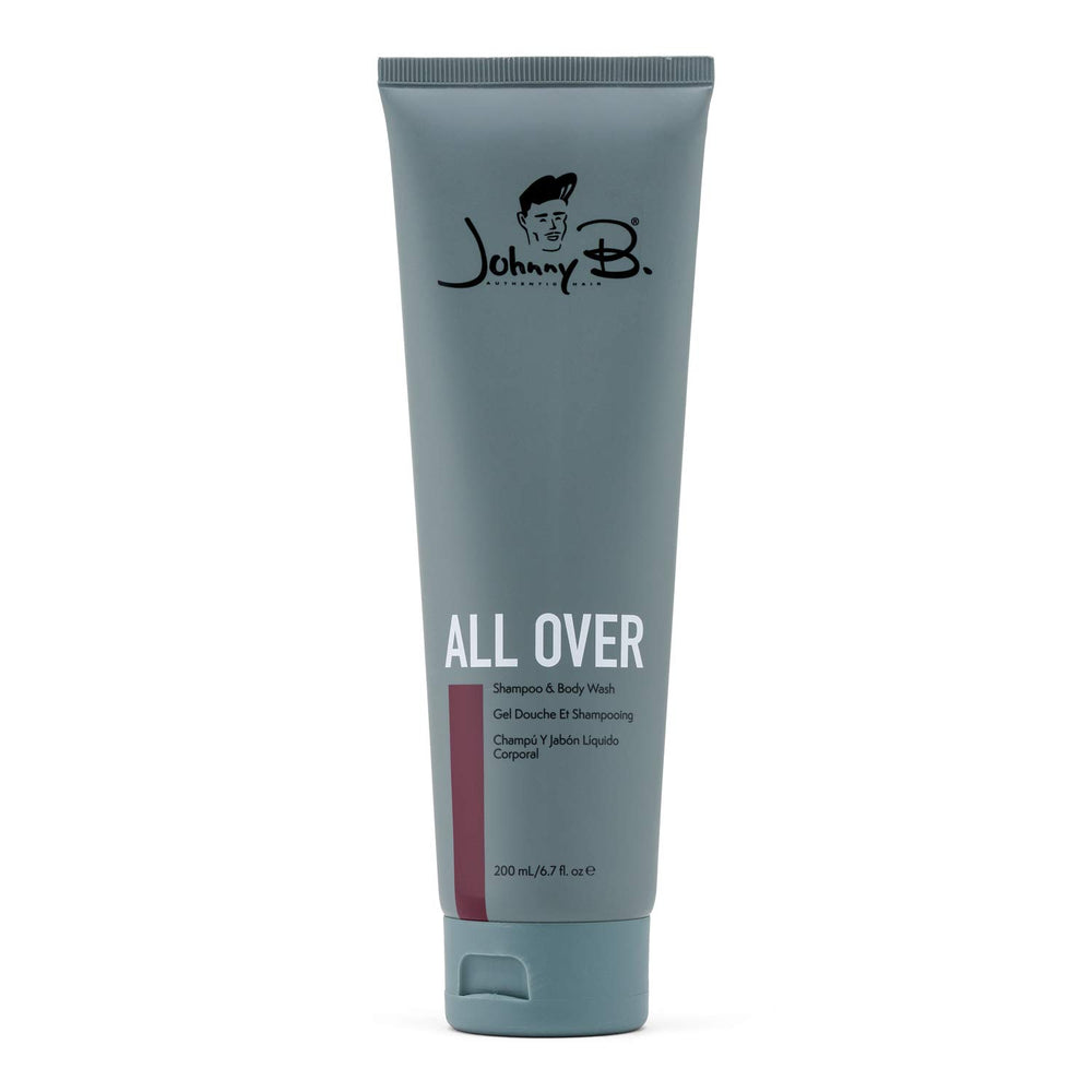 Johnny B All Over Shampoo bottle front for all hair types with a woodsy scent.