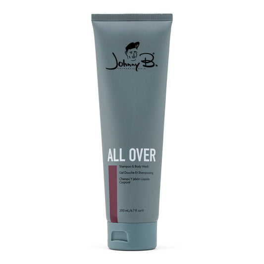 Johnny B All Over Shampoo bottle front for all hair types with a woodsy scent.